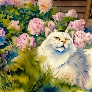 7.5x7.5in - White Cat in Floral Garden Art - print out
